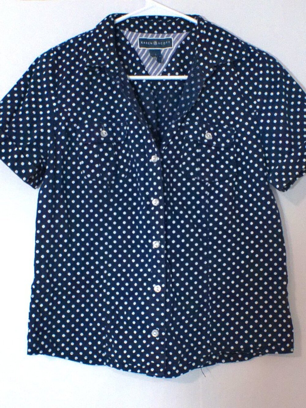 Karen Scott Blouse Womens Small Blue Polka Dot Button Front Short Sleeve Cotton